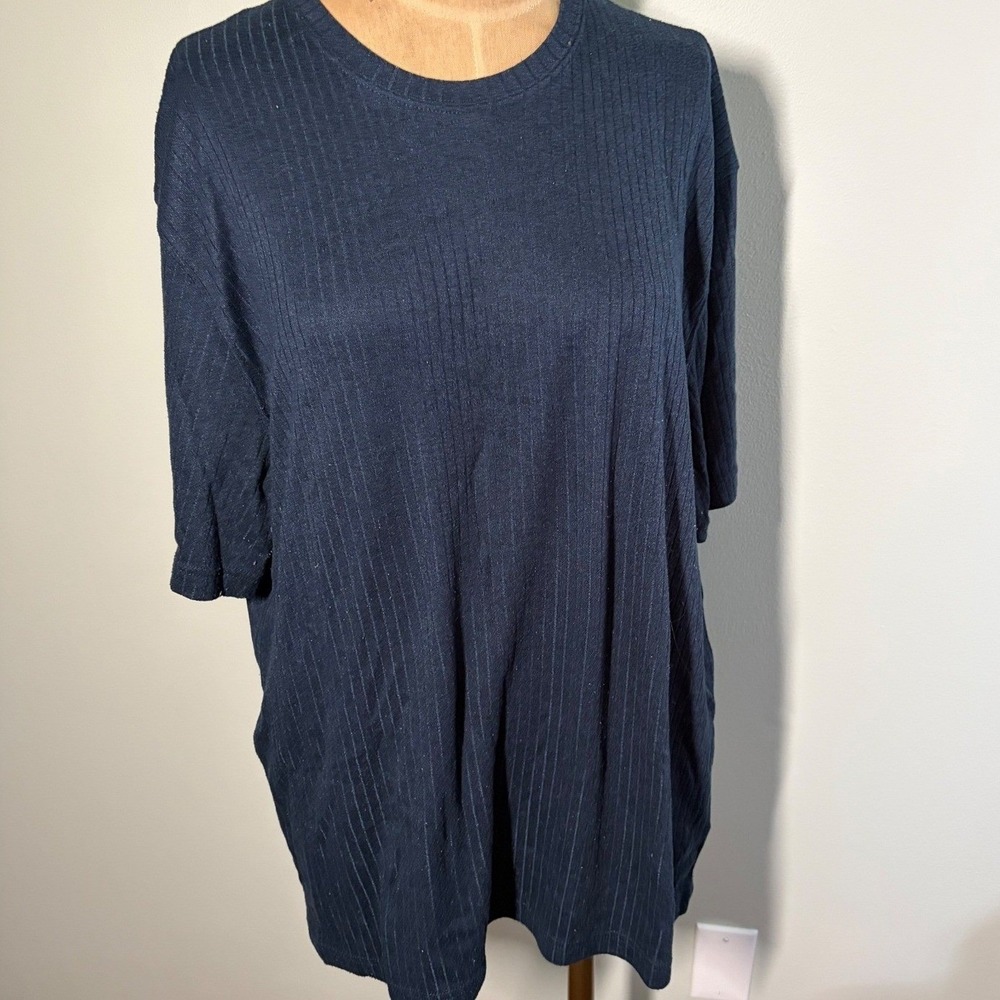 Preppy Navy Blue Ribbed Short Sleeve Crewneck T-Shirt J. Ferrar Mens XL